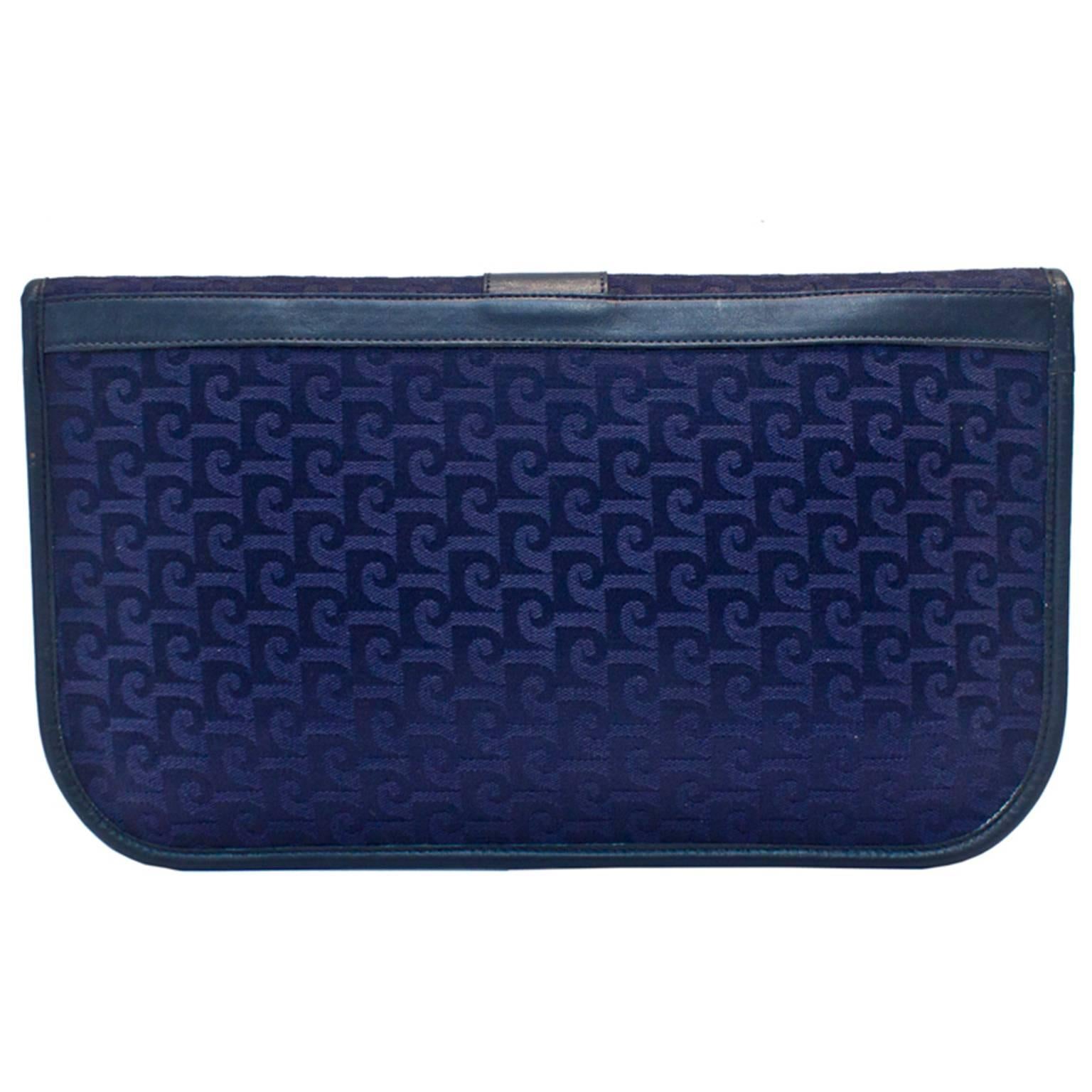 Black 1960s Pierre Cardin Navy Logo Jacquard and Leather Clutch