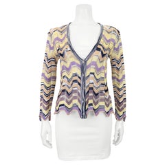 1980s Missoni Yellow, Purple, and Navy Chevron Knit Cardigan