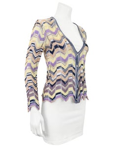 1980s Missoni Yellow, Purple, and Navy Chevron Knit Cardigan