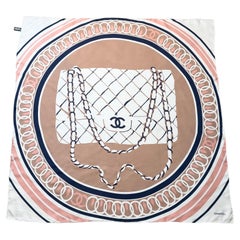 2018 Chanel Blush Pink, Cream & Navy Printed Silk Scarf