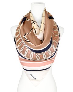 2018 Chanel Blush Pink, Cream & Navy Printed Silk Scarf