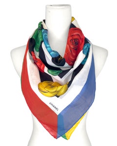 1988 Chanel Red, Green, Yellow, and Blue Floral Scarf