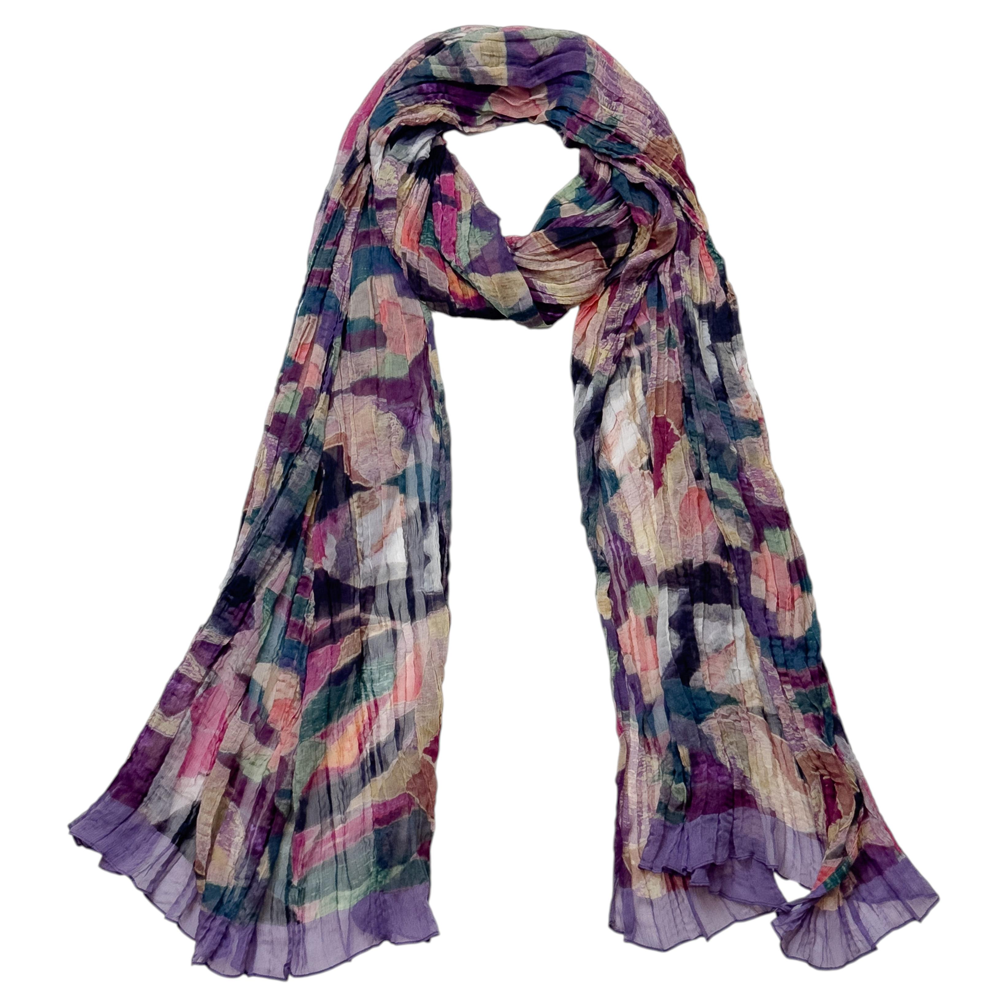 Sciarpa di seta astratta rettangolare Chanel degli anni '90, nei colori viola, rosa e verde