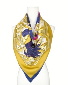 1980s Hermès Blue and Yellow “Les Perroquets” Silk Scarf by Joachim Metz