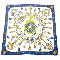 1960's Hermès Blue and Gold “Les Clés” Silk Scarf by Caty Latham
