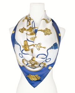1960's Hermès Blue and Gold “Les Clés” Silk Scarf by Caty Latham