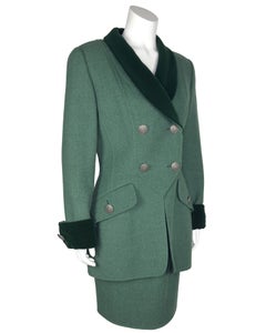 Fall 1993 Oscar de la Renta Green Wool and Velvet Skirt Suit