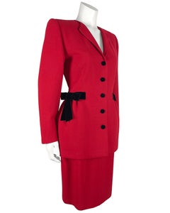 1980's Basille Red Skirt Suit with Black Velvet Bows