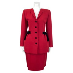 1980's Basille Red Skirt Suit with Black Velvet Bows