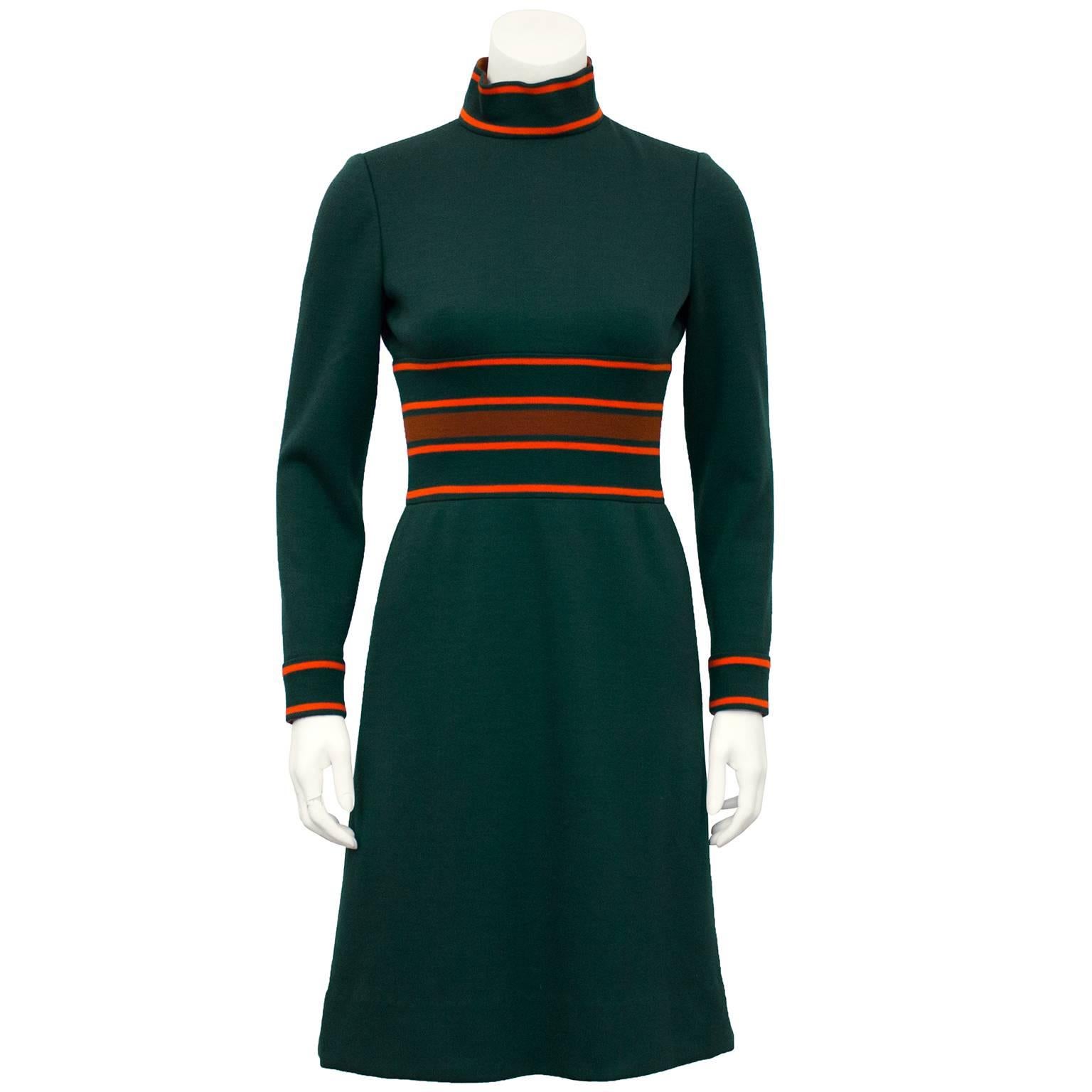 1960's Pierre Cardin Green Knit Dress with Orange Details 