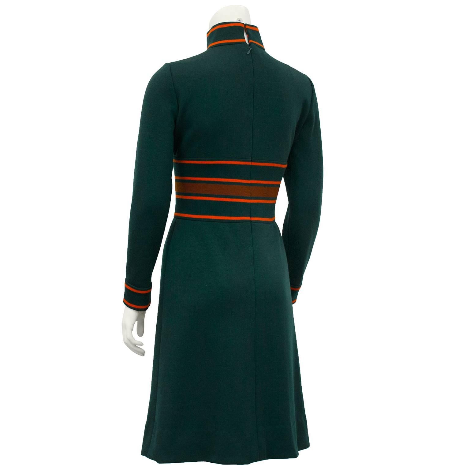 Black 1960's Pierre Cardin Green Knit Dress with Orange Details 