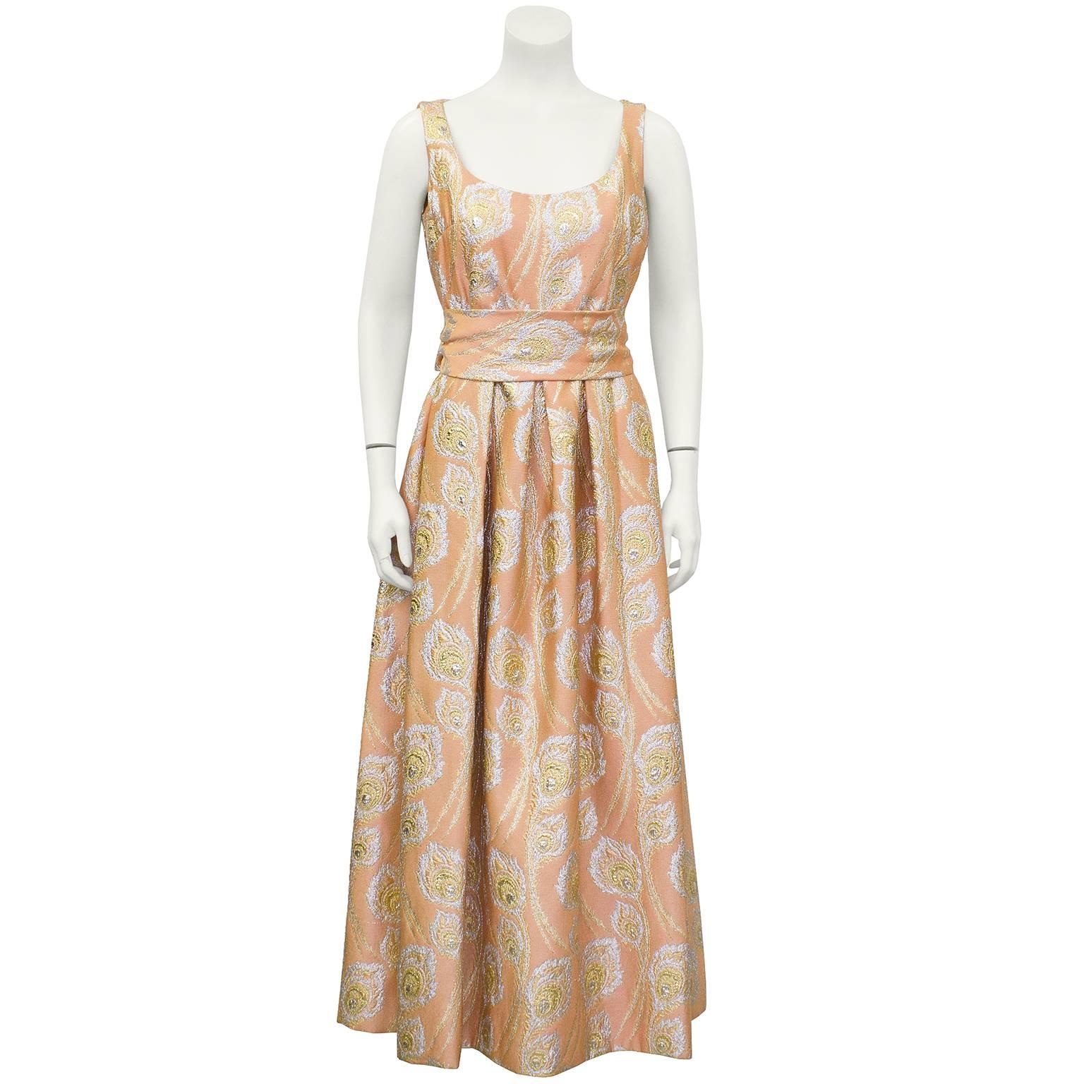 1960's Ceil Chapman Peach and Metallic Brocade Gown 