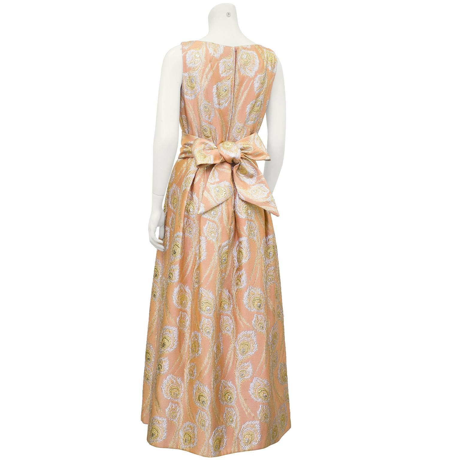 Beige 1960's Ceil Chapman Peach and Metallic Brocade Gown  For Sale