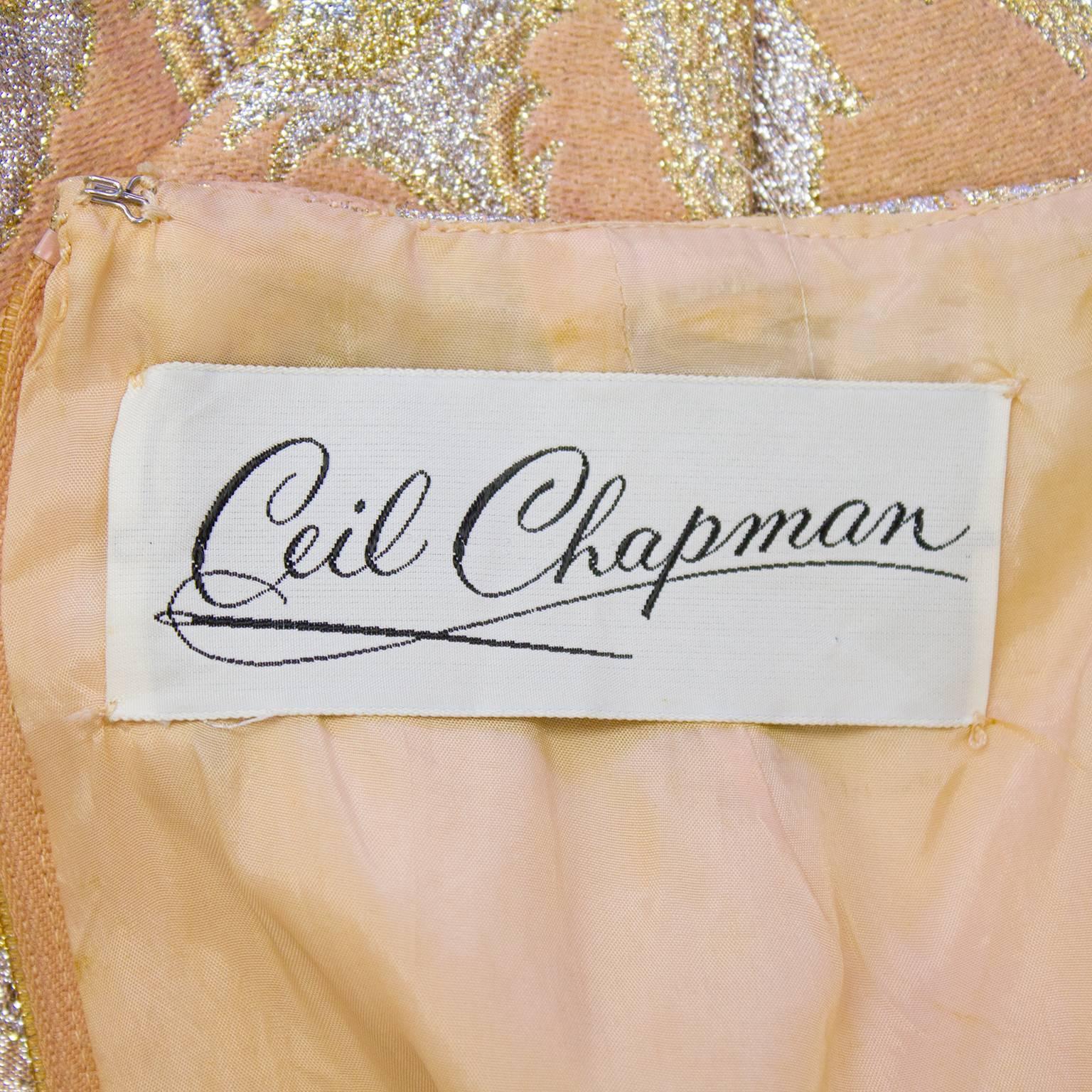 Women's 1960's Ceil Chapman Peach and Metallic Brocade Gown  For Sale