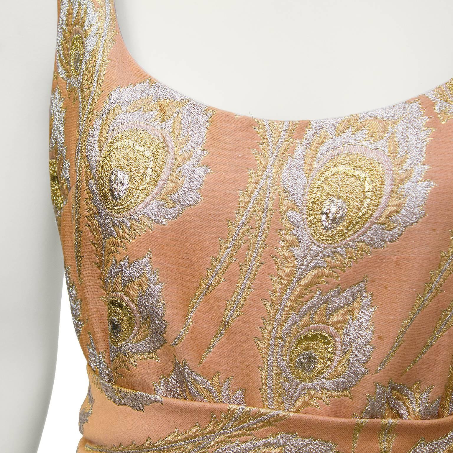 1960's Ceil Chapman Peach and Metallic Brocade Gown  In Excellent Condition For Sale In Toronto, Ontario
