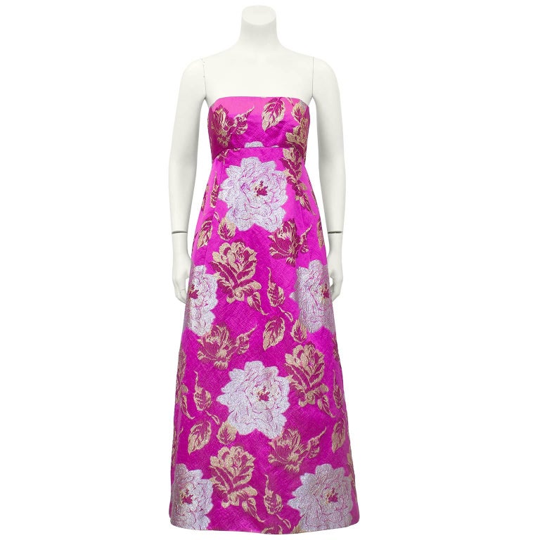 1960's Malcolm Starr Magenta and Metallic Floral Brocade Tea Gown For Sale