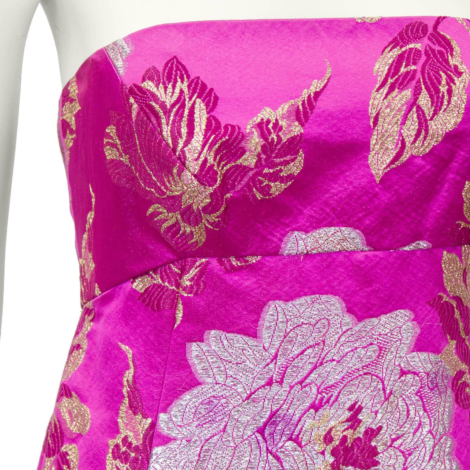 Purple 1960's Malcolm Starr Magenta and Metallic Floral Brocade Tea Gown For Sale