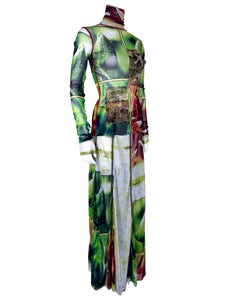 Jean Paul Gaultier 2002 Green and Red Nature Print Mesh Top & Maxi Skirt Set