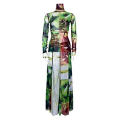 Jean Paul Gaultier 2002 Green and Red Nature Print Mesh Top & Maxi Skirt Set