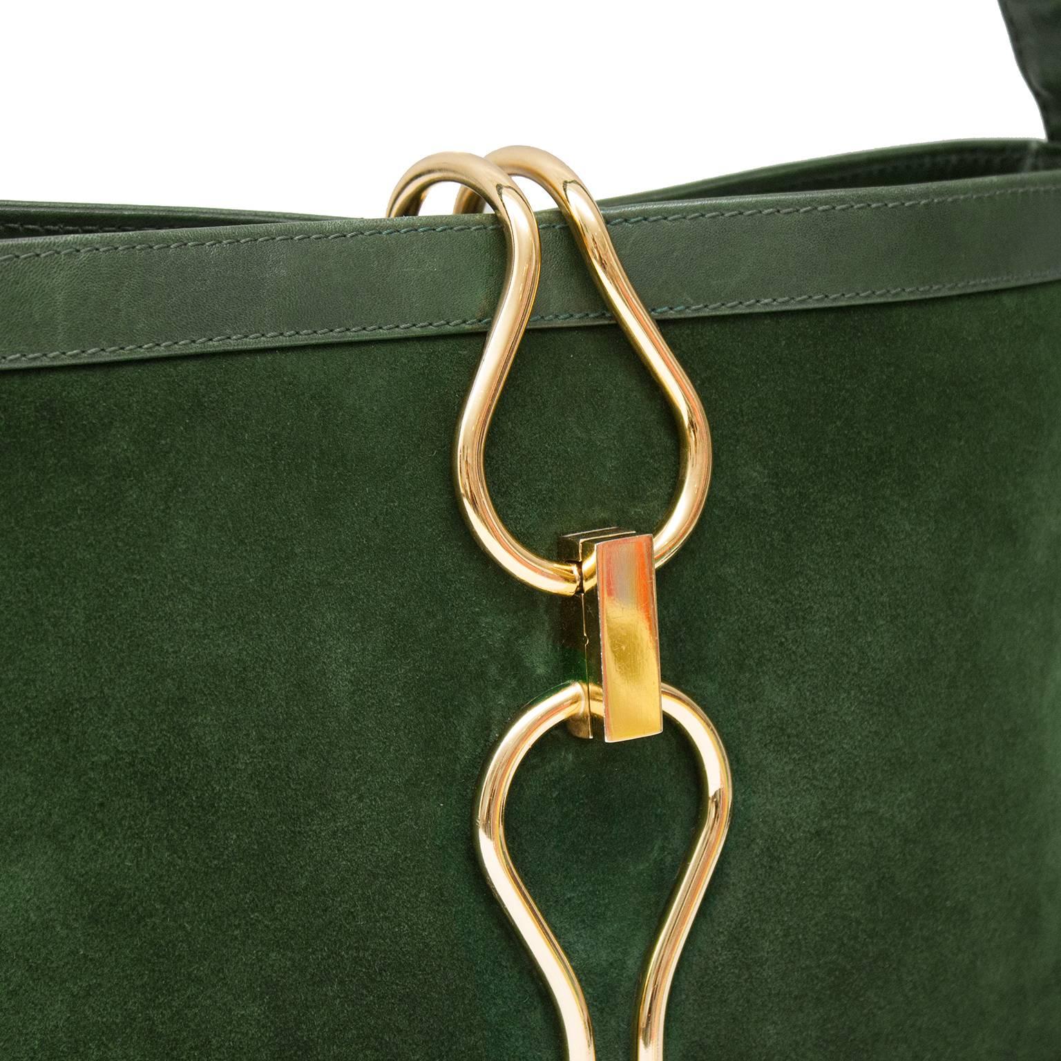 Women's 1970s Hunter Green Suede Shoulder Bag with Gold Details 
