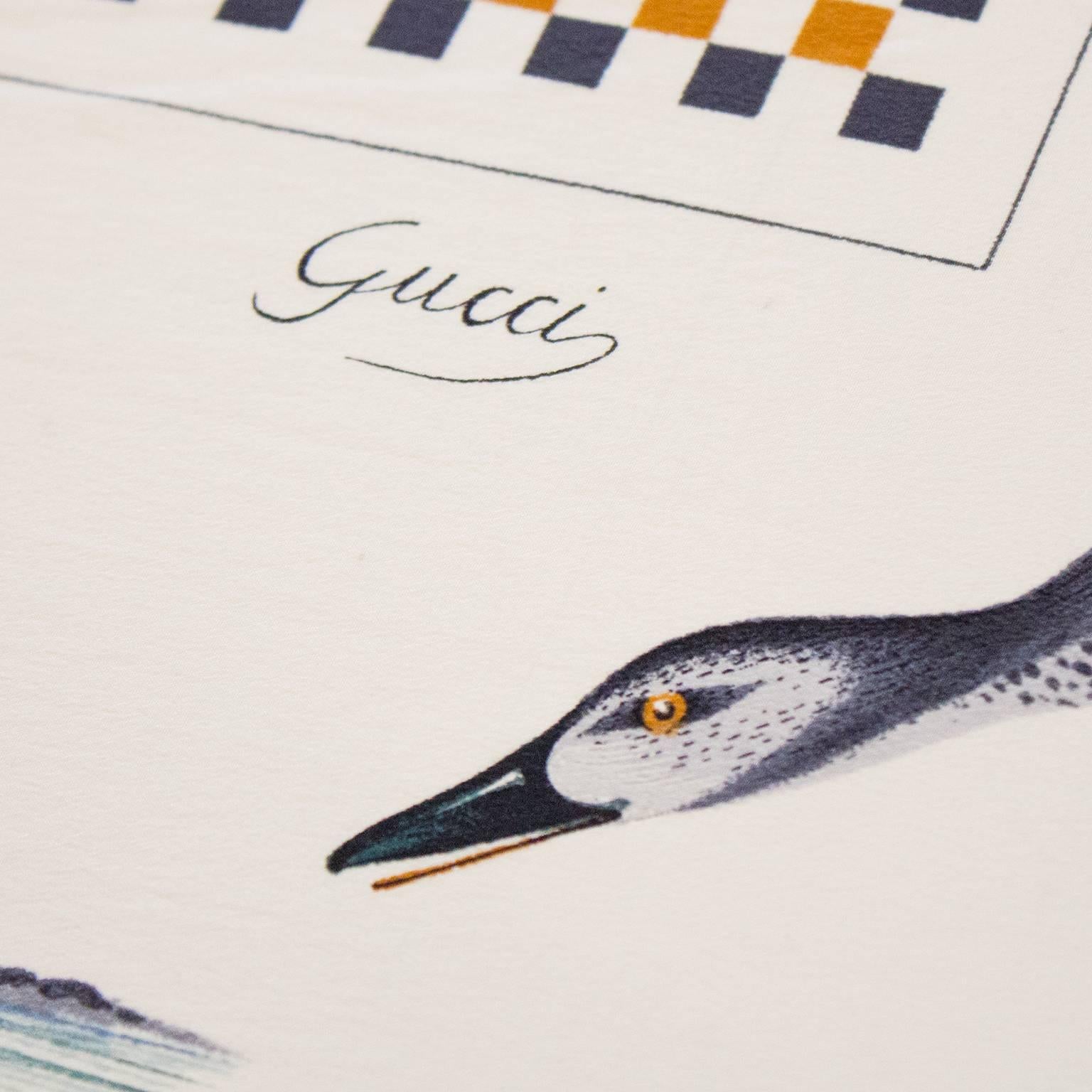Gray 1970's Gucci Duck Print Silk Scarf 
