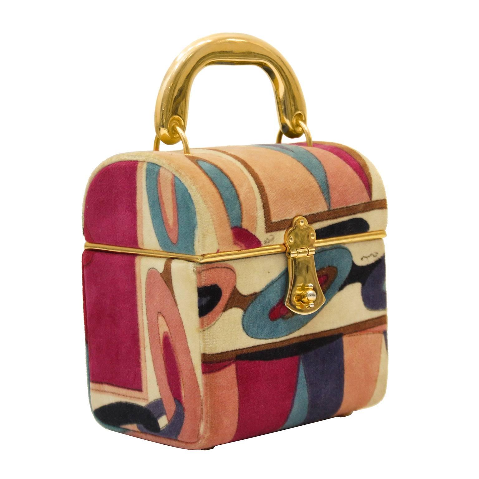 1970's Emilio Pucci Pink and Purple Velvet Box Bag with Goldtone Handle