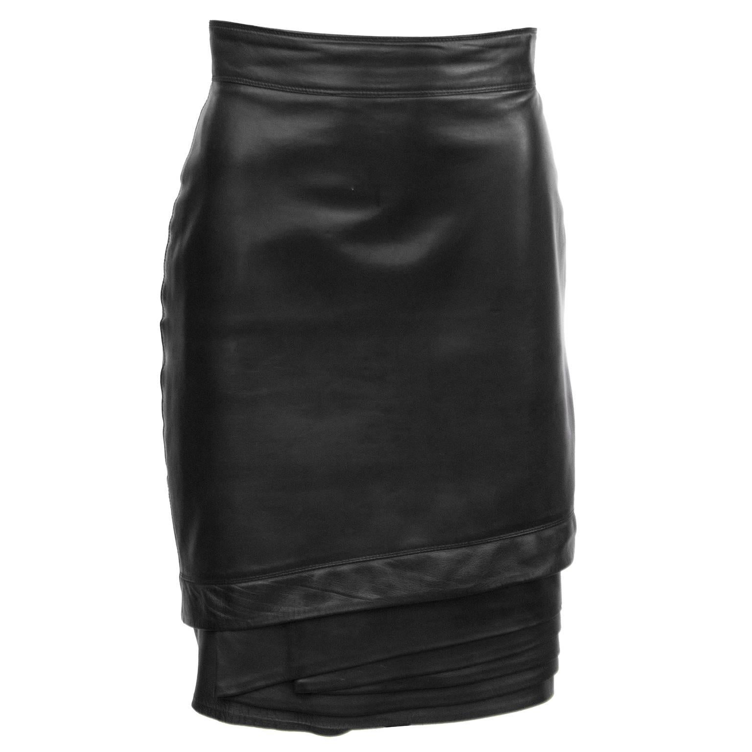 1980's Gianni Versace Black Leather Skirt with Tiered Hem Detail