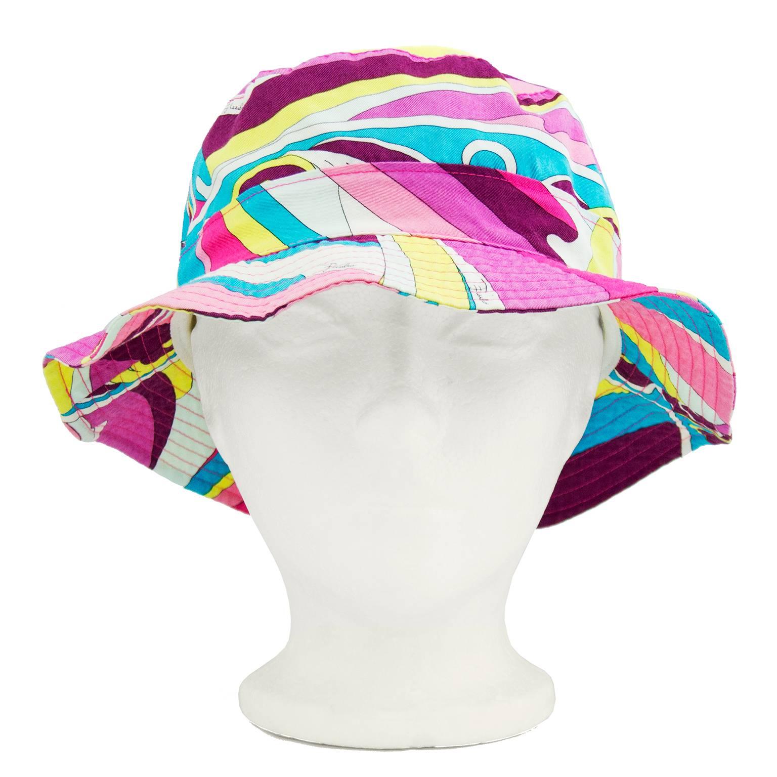 Adorable Pucci multi-color printed cotton bucket hat circa 2000's with signature abstract pattern throughout, and pink top stitching. Excellent condition. 22” in circumference.