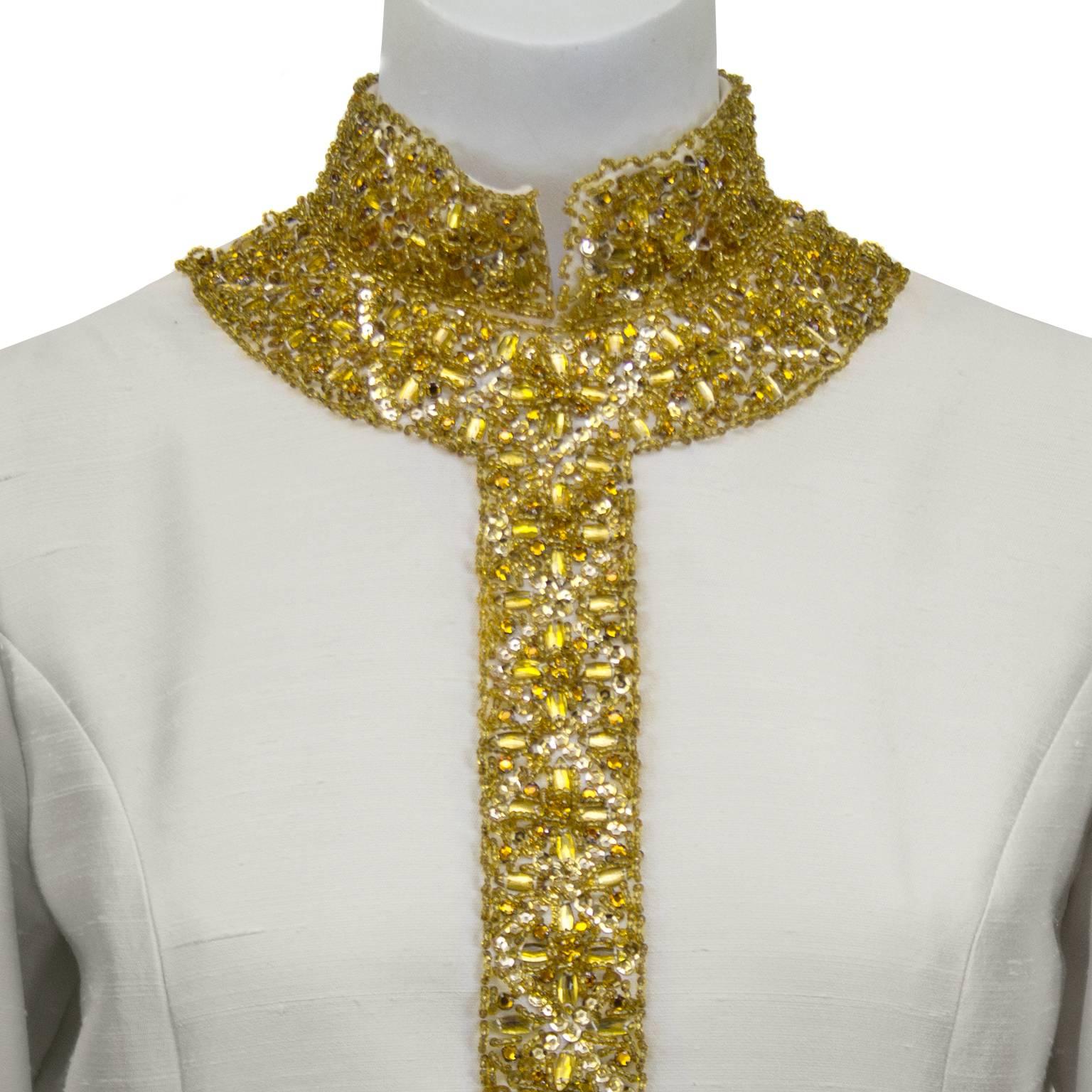 Cream Silk Mini Caftan Dress with Gold Beading, 1960s  In Excellent Condition In Toronto, Ontario