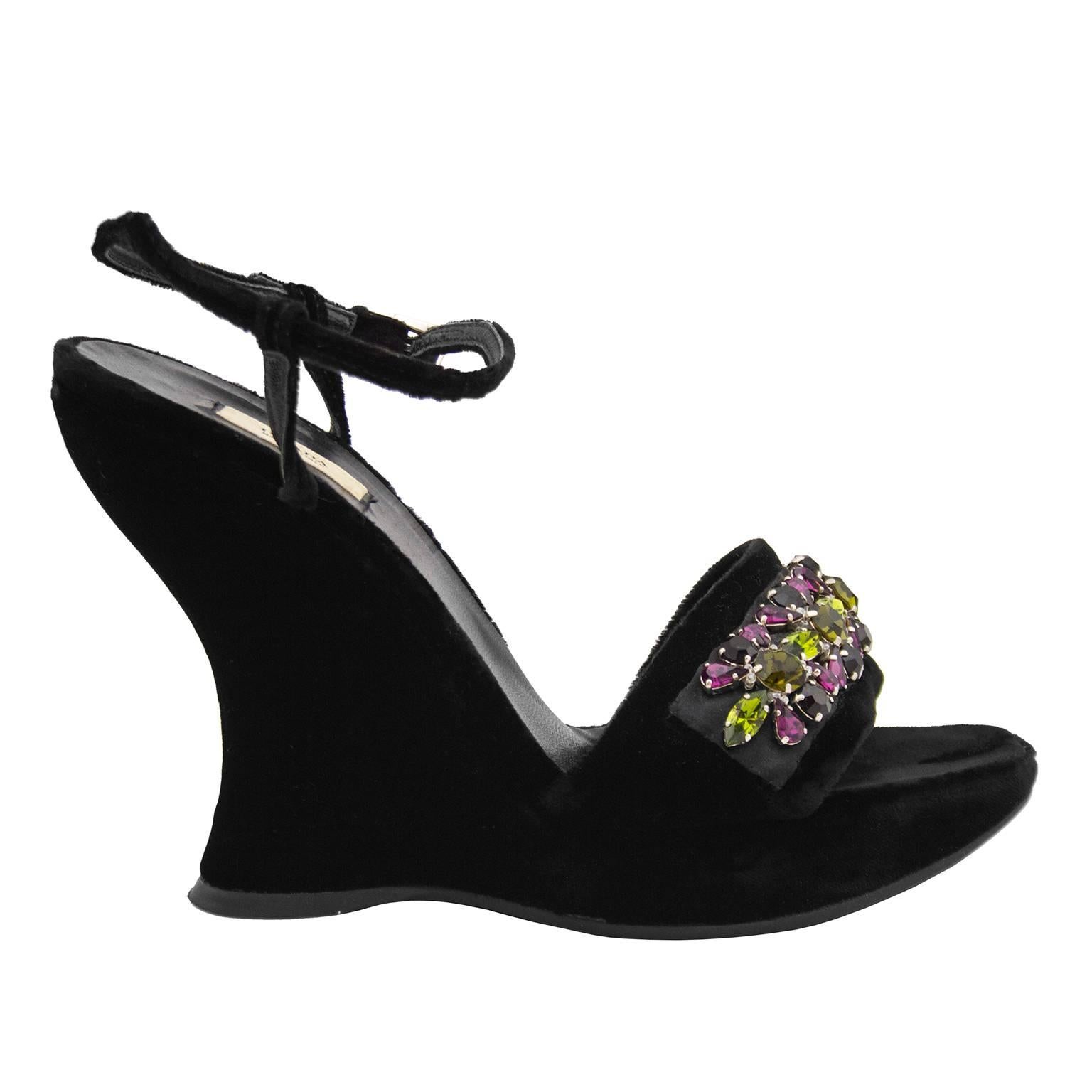 Immaculate 2004 Prada black velvet wedges with chartreuse, purple and black Swarovski crystals 'flowers' along the toe strap. The black velvet ankle straps have delicate silver buckles and the insole is lined in black leather. In excellent, never