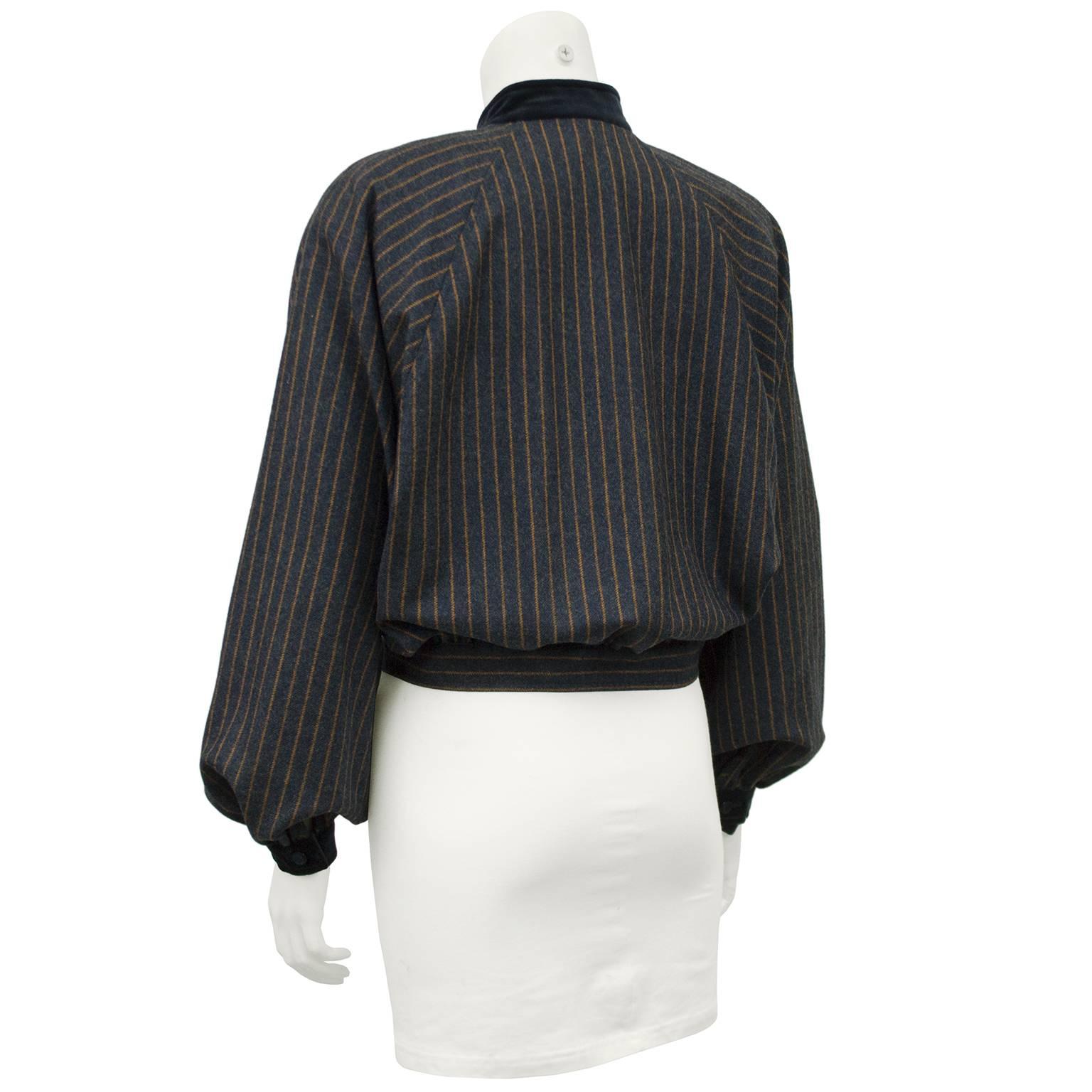 Black 1980s Valentino Navy Striped Military Style Cropped Jacket