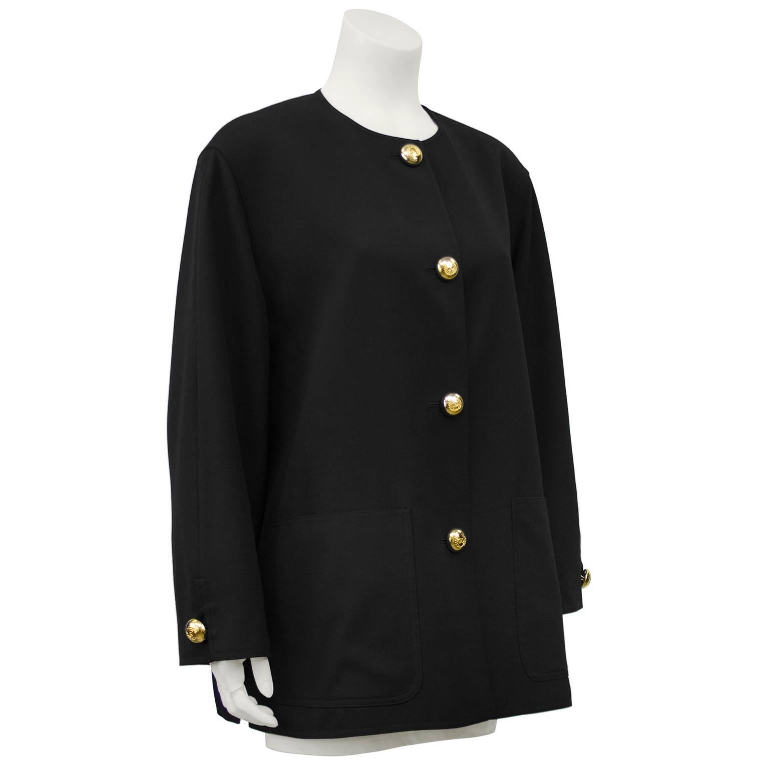 1980s Valentino Miss V Oversized Black Jacket With Gold Buttons