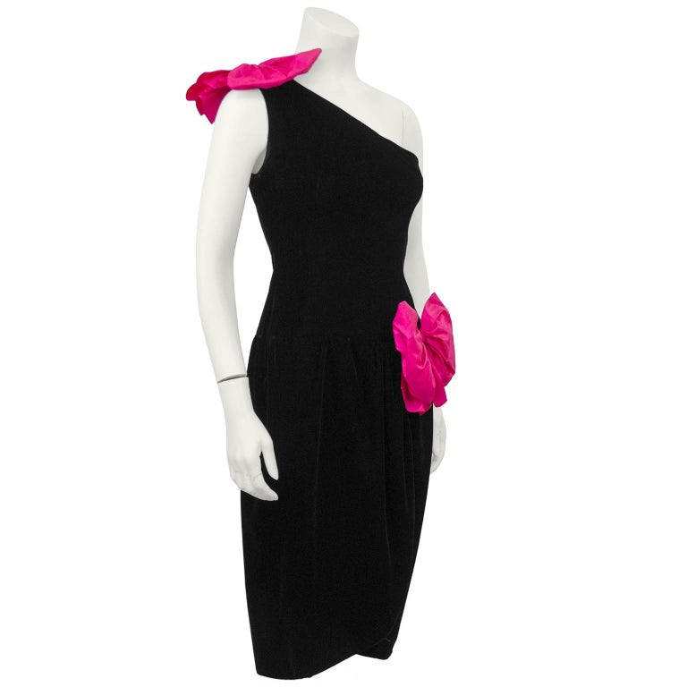 1980s Oscar De La Renta Miss O Velvet One Shoulder Cocktail Dress