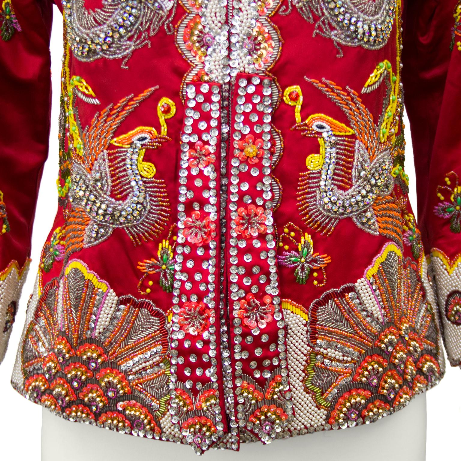 Brown Dynasty Red Dragon and Phoenix Beaded Jacket, 1960s 