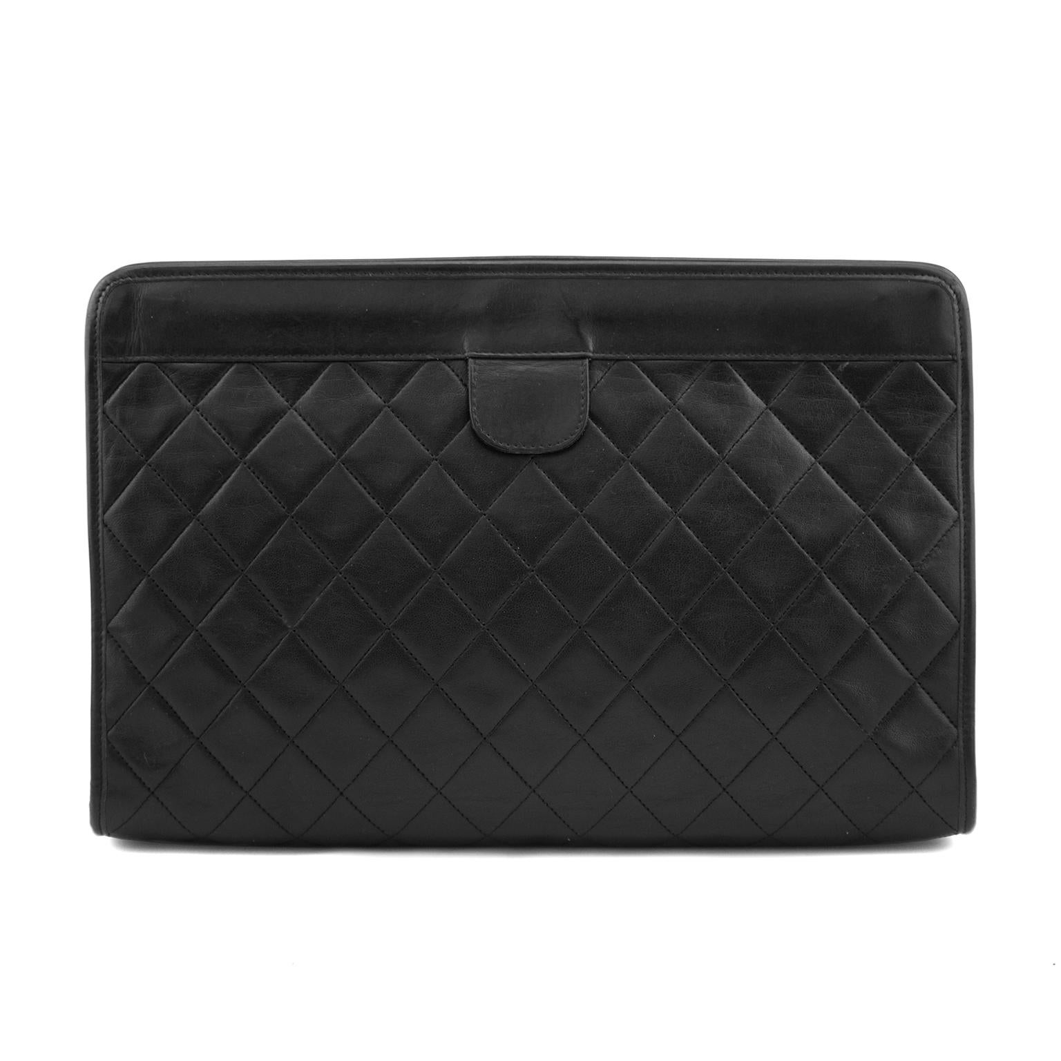 Chanel Black Quilted Lambskin Leather Portfolio Clutch Bag In Good Condition In Toronto, Ontario