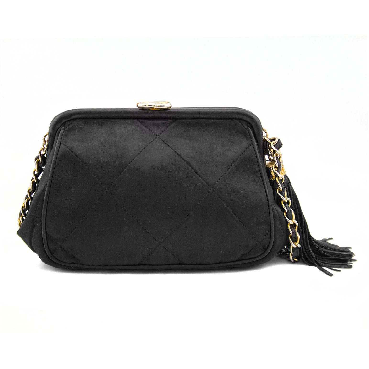 Chanel Black Leather Frame Silk Shoulder Bag In Good Condition In Toronto, Ontario