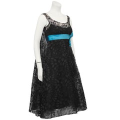 1950's Saks Fifth Avenue Black Lace Cocktail Dress with Turquoise Ribbon