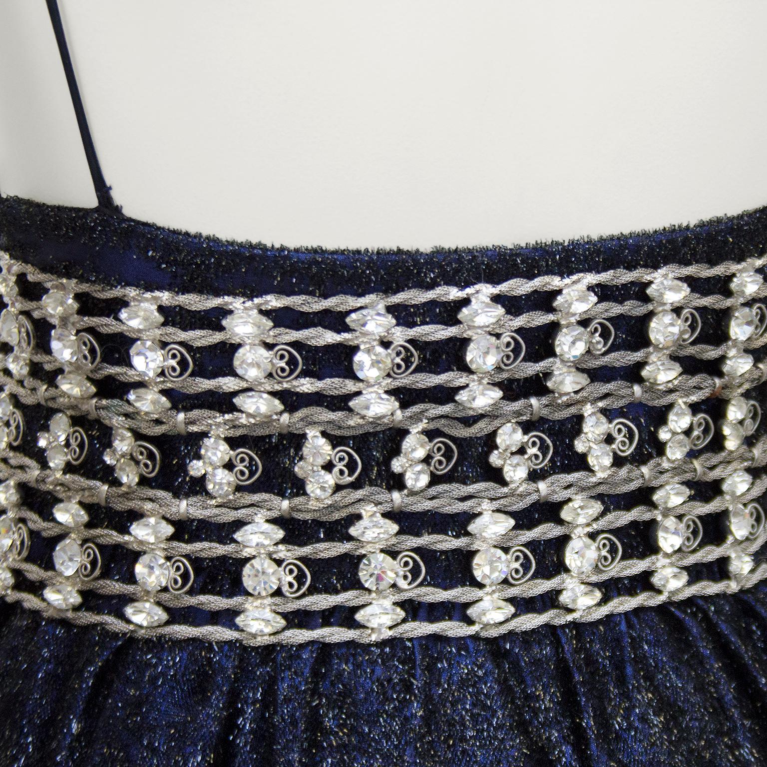 1970's Maggy Reeves Midnight Blue Gown with Silver Cage Belt For Sale 1