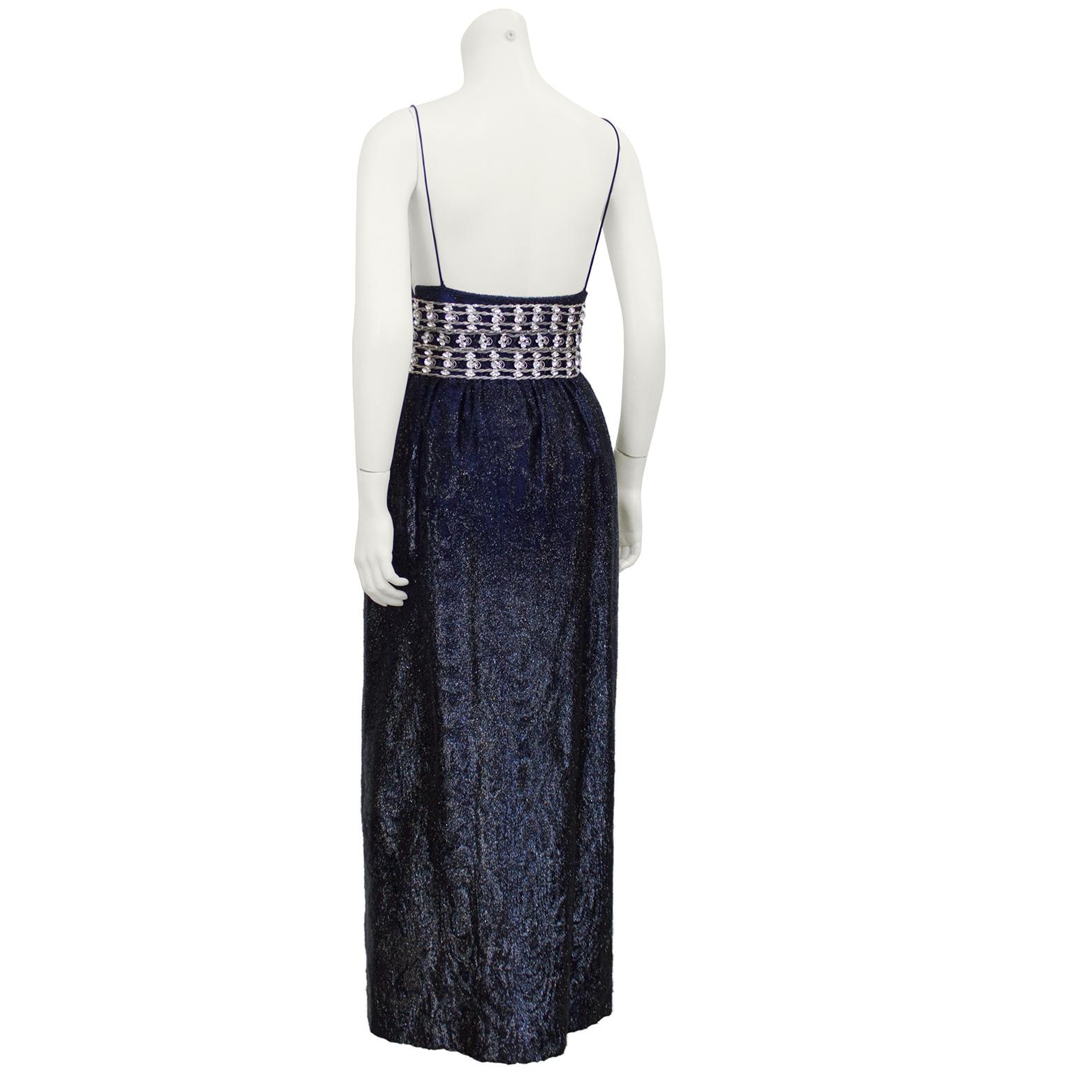 Black 1970's Maggy Reeves Midnight Blue Gown with Silver Cage Belt For Sale