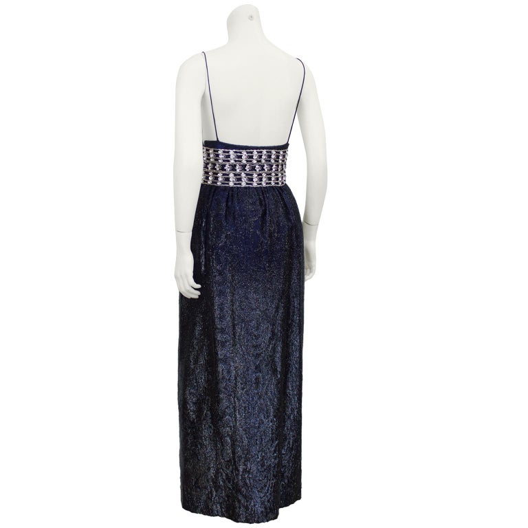 1970's Maggy Reeves Midnight Blue Gown with Silver Cage Belt For Sale ...