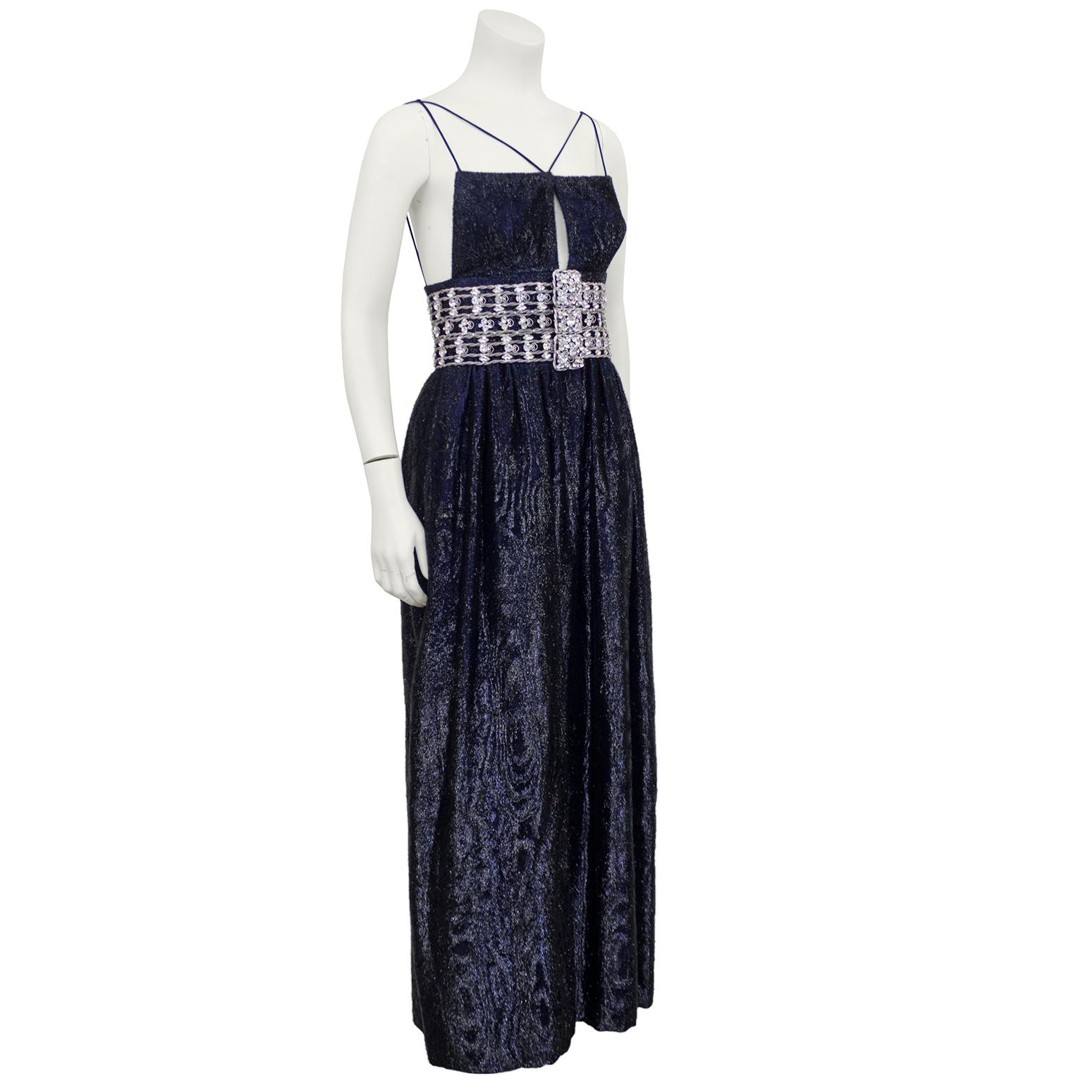 1970's Maggy Reeves tinsel applique velvet midnight blue gown. Custom demi couture gown hand made by Canadian couturier. Her attention to detail was legendary and the accessories provided, in this case a hand created silver wrapped wire and