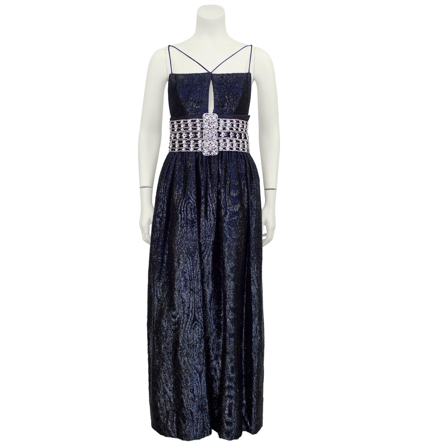 1970's Maggy Reeves Midnight Blue Gown with Silver Cage Belt For Sale