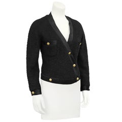 1980's Chanel Black Boucle and Satin Trim Jacket
