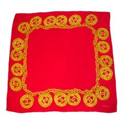 Vintage 1990s Chanel Red Silk Scarf with Gold CC Chain Print