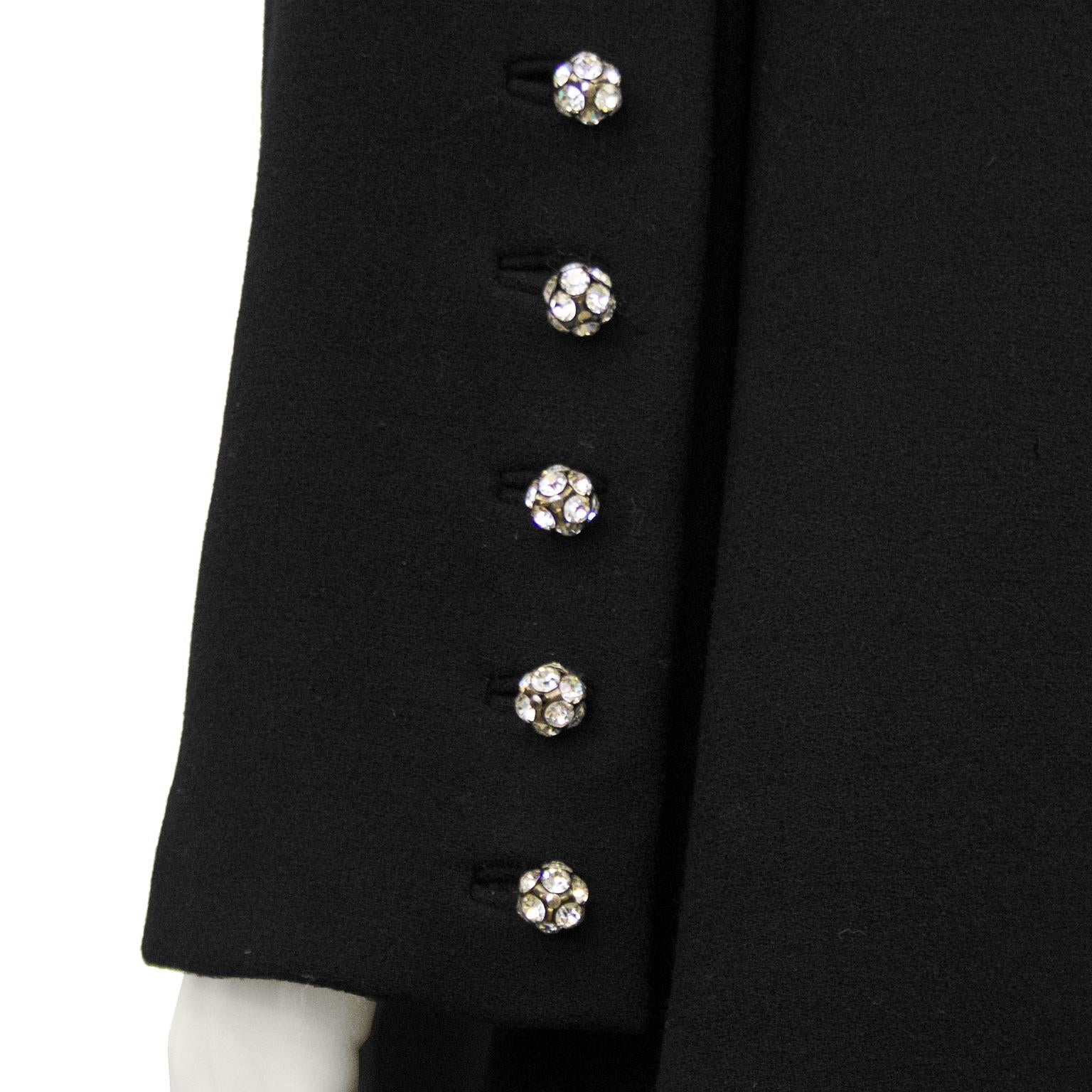 1960s Geoffrey Beene Black Wool Cocktail Dress with Rhinestone Buttons In Excellent Condition In Toronto, Ontario