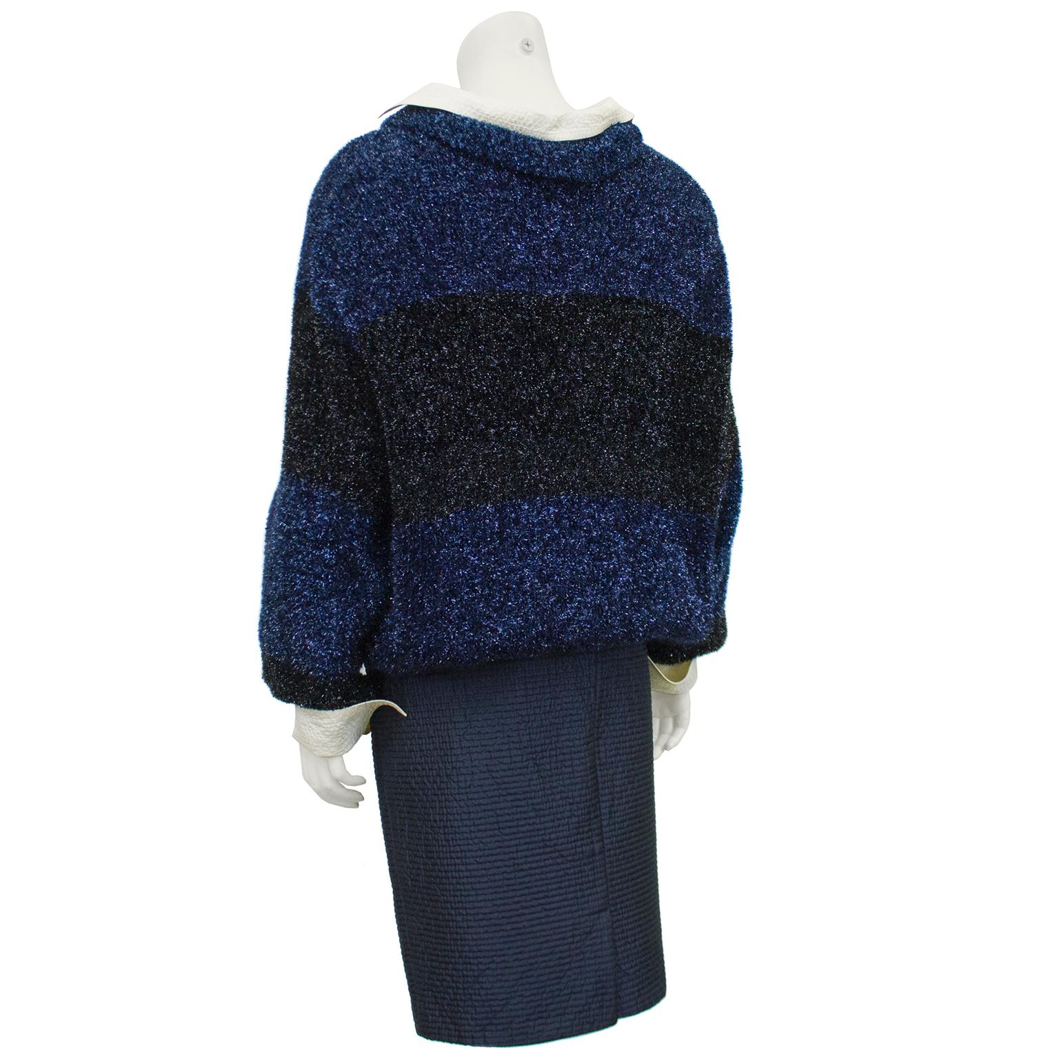 Black 1980s Ferre Navy Fuzzy Lurex Top and Skirt For Sale