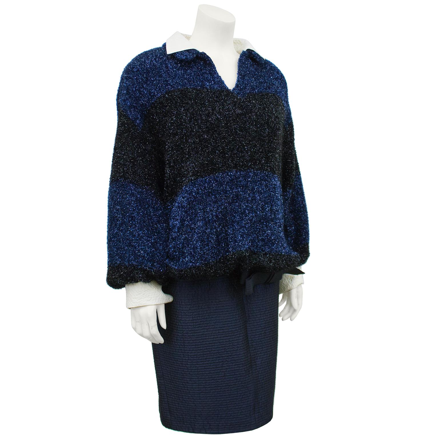 1980er Ferre Marineblaues Fuzzy Lurex-Oberteil und Rock (Schwarz) im Angebot