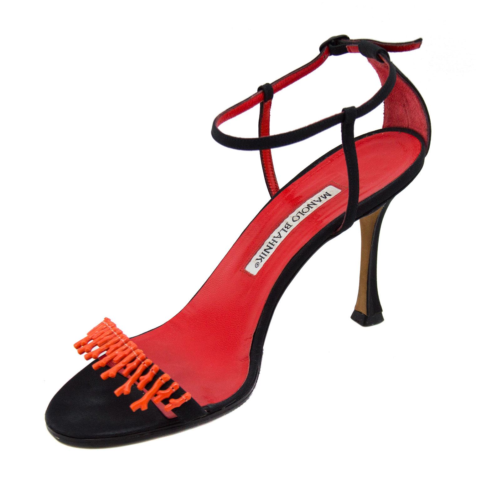 Manolo Blahnik Black Suede Ankle Strap Heels with Coral Applique For Sale  at 1stDibs | coral heels, black suede ankle strap shoes, manolo blahnik black  strappy heels