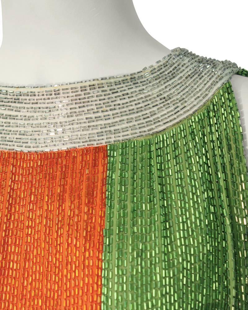 Vestido camisero con cuentas en bloque de color verde, naranja, azul y plateado de Jean Louis, años 60 en Bueno estado para la venta en Toronto, Ontario