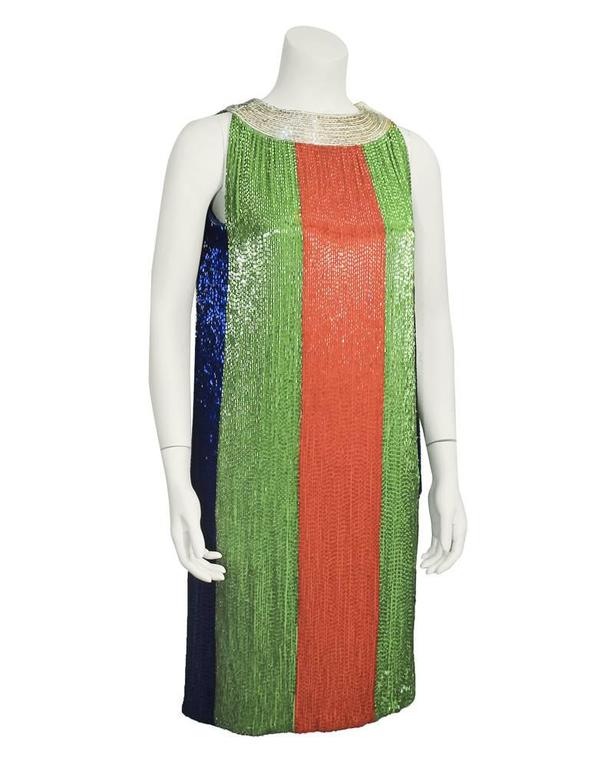 1960's Jean Louis Green, Orange, Blue and Silver Color Block Beaded Shift  Dress